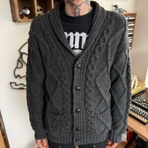 Vintage 90s Aran Crafts Charcoal Gray Chunky Wool Knit Cardigan Sweater ~ Size S